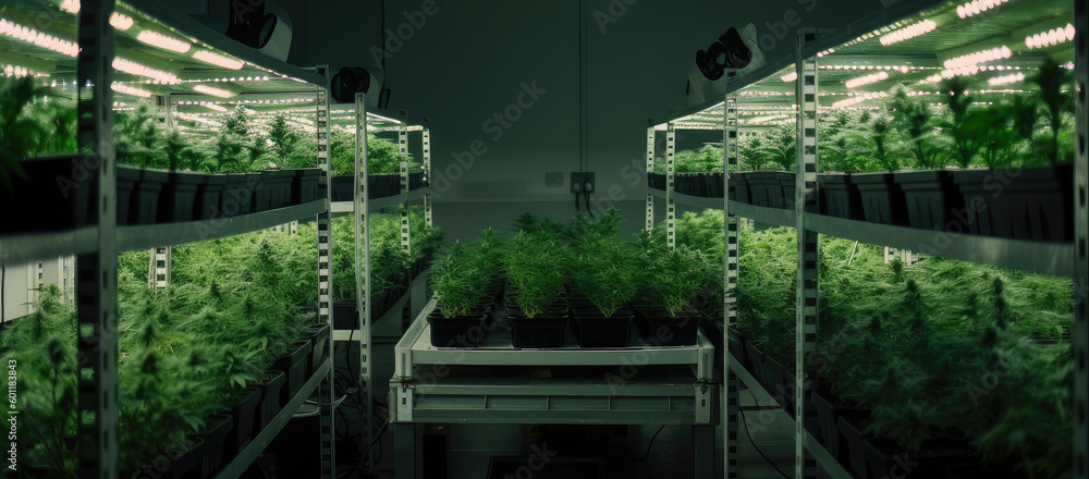 Generative AI illustration of a marijuana plantation cannabis in a white room