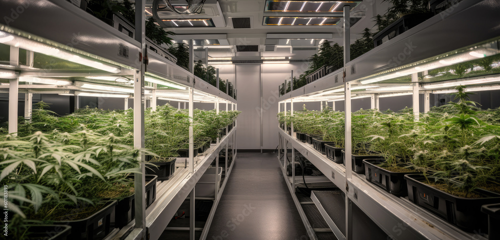 Generative AI illustration of a marijuana cannabis plantation in a white room