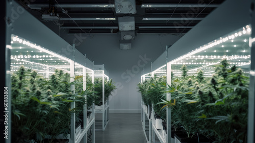 Generative AI illustration of a marijuana cannabis plantation in a white room