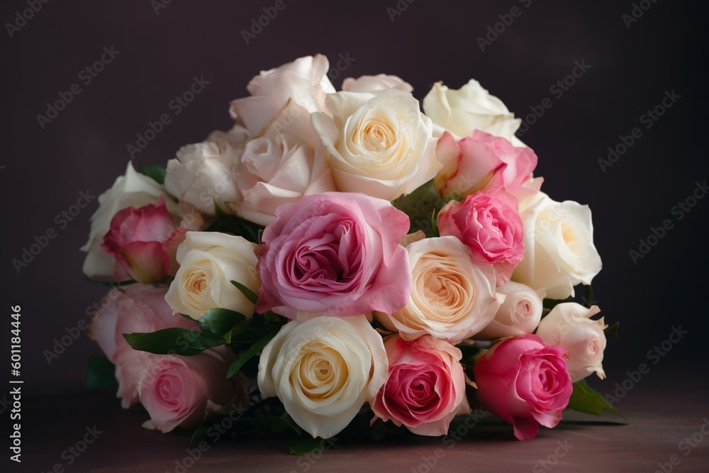 A flat lay of a creative bouquet of pink and white roses isolated on white background with copy space. Generative AI
