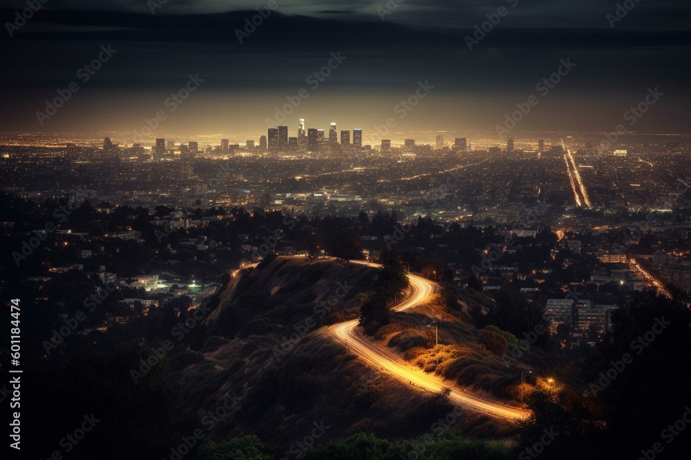 Dusk cityscape of Los Angeles downtown from Griffith Park. Generative AI