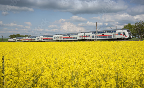 German trains run beside rapeseed flowers photo