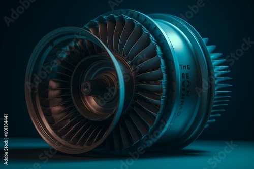 Image of Francis turbine on blue. 3D. Generative AI photo