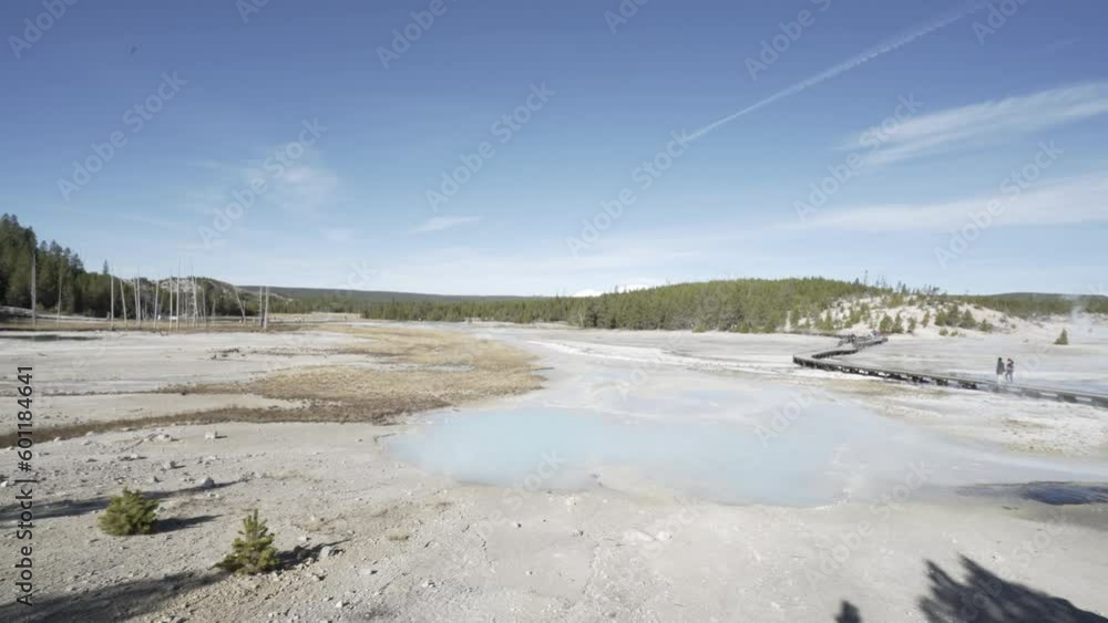 Pan of steamy geyser basin in boardwalk in Yellowstone National Park Pan of steamy geyser basin in boardwalk in Yellowstone National Park