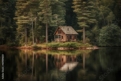 In the center of the lake, a serene cabin is located. (Generative AI)