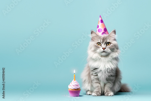 Cat celebrating with party hat and birthday cupcake