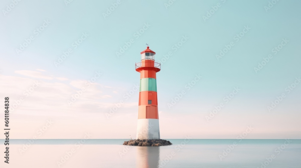 A lighthouse in a body of water with a blue sky in the background. AI