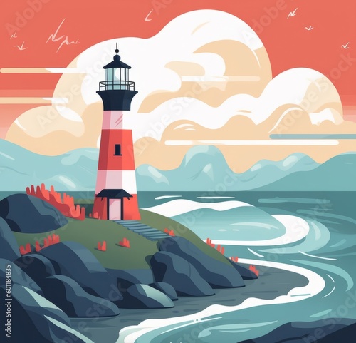 lighthouse in the sea, flat lay illustration, AI generator 