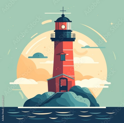 lighthouse on the coast. Simple flat illustration. AI generator