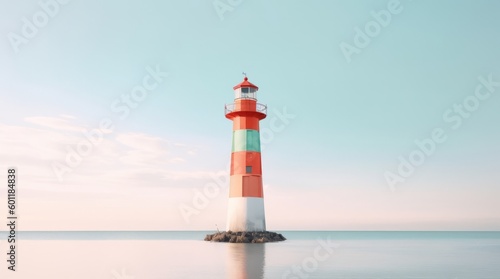 A lighthouse in a body of water with a blue sky in the background. AI