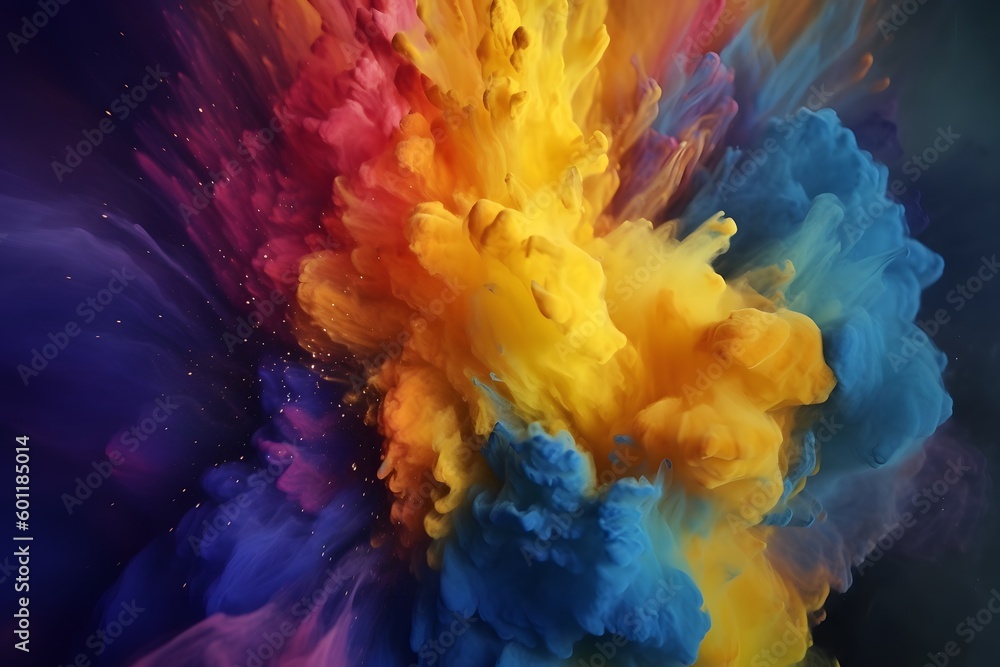 massive explosion of multicolored dry ink dust powder, ai generated image