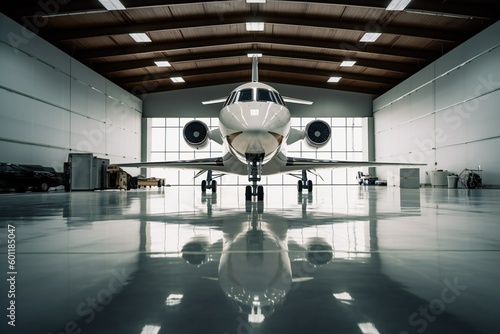 an elite private jet stands inside a huge modern hangar, ai generated image photo