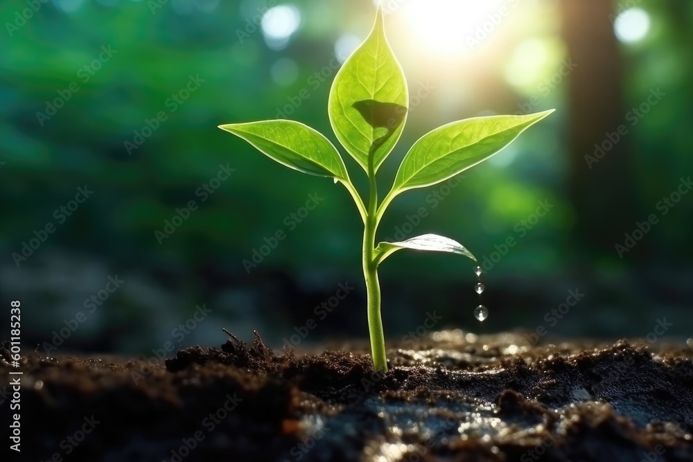 Growing plant with water droplet basking in sunlight. (Generative AI) Growing plant with water droplet basking in sunlight. (Generative AI)