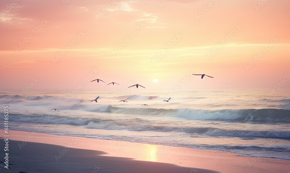 Fototapeta premium a flock of birds flying over the ocean at sunset or dawn. generative ai