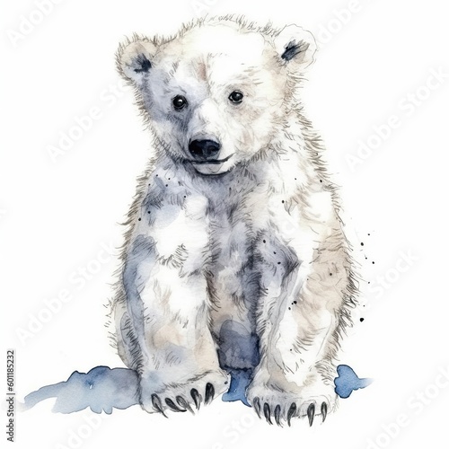 Baby Polar bear watercolor with ink outline on white background, high detailed (generative AI) © HandmadePictures