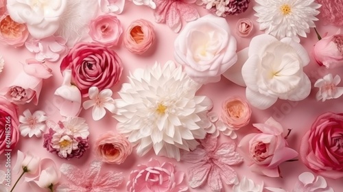 A high-quality photo showcasing pink and white flowers on a pink pastel background for Mother's Day or Women's Day. (Generative AI) © HandmadePictures