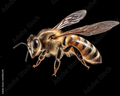 An incredible pollinator, a bee, flies stunningly on a transparent background in macro. (Generative AI) © HandmadePictures