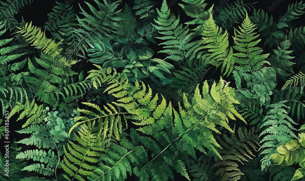 Fototapeta premium a bunch of green leaves that are on a black background. generative ai