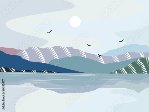 Ethnic mountain landscape with flying birds against the backdrop of the sun.