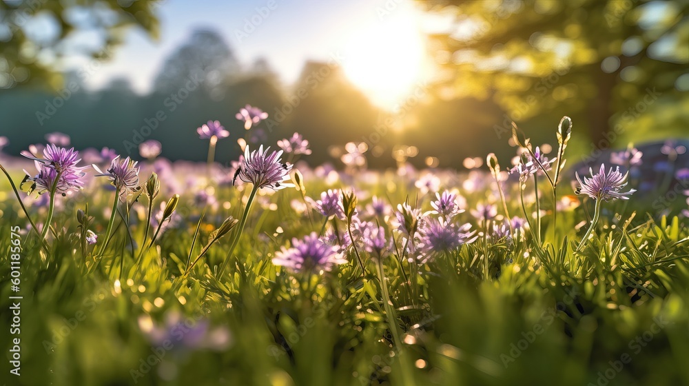 Naklejka premium Flower Meadow Morning. Sun is shining through a beautiful field of flowers and grass. Sunrise. Generative AI.