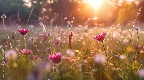 Flower Meadow Morning. Sun is shining through a beautiful field of flowers and grass. Sunrise. Generative AI.