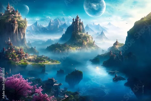 Obraz Fantasy beautiful view with mountains, planets and castle (Generative AI)