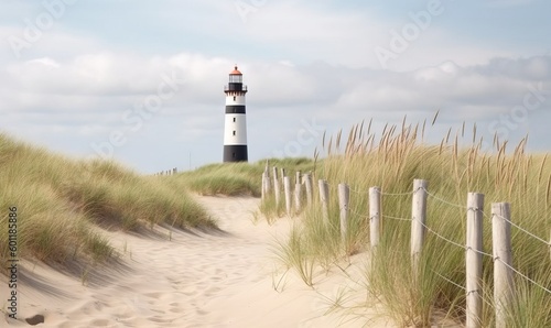  a light house on a sandy beach with grass growing around it.  generative ai