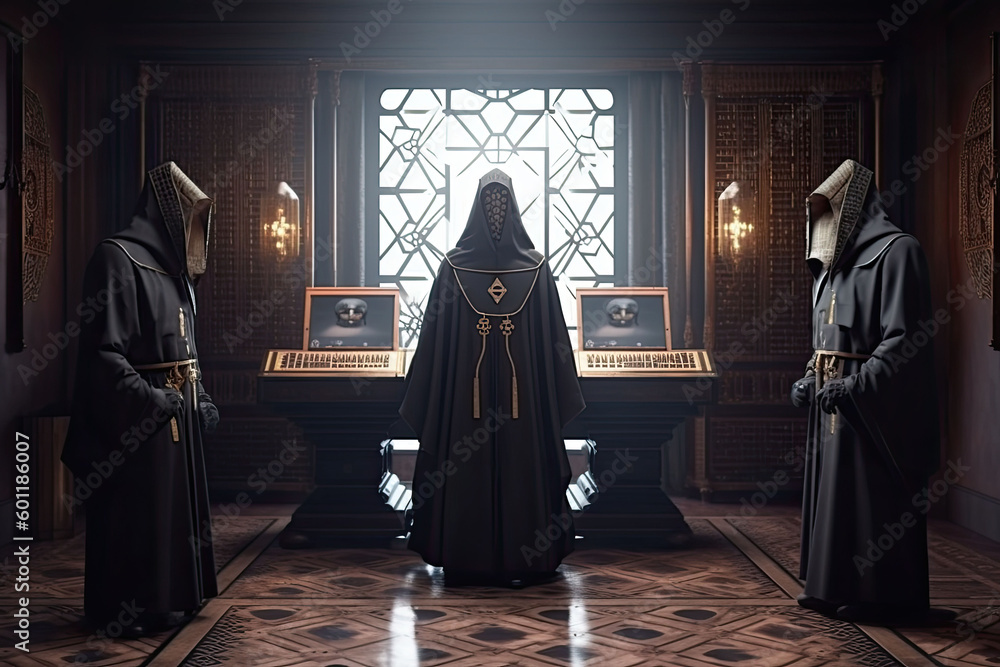 A secret society dressed in robes perform a ceremony in a sinister complex. Generative AI