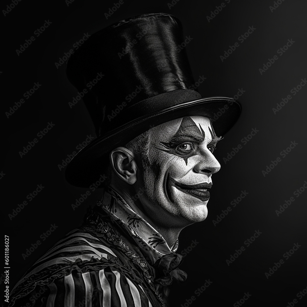 Black and white photorealistic studio portrait of a clown on black background. Generative AI illustration Black and white photorealistic studio portrait of a clown on black background. Generative AI illustration