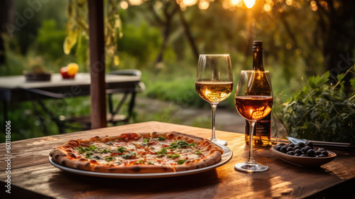 two glasses of white wine and Italian pizza on an open table on the veranda of a restaurant. generative AI