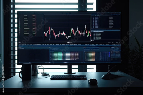 Computer monitor with crypto charts on the desk, selective focus. Generative AI