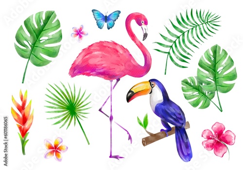 summer african exotic tropical set with flamingo toucan monstera palm butterfly and wild flowers