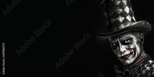 Black and white photorealistic studio portrait of a clown on black background. Generative AI illustration