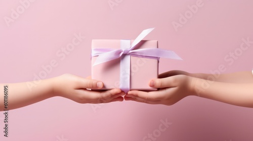 Hands that pass a box tied with a ribbon as a gift . generative AI