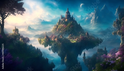 Fantasy beautiful view with castle, mountain, planet, trees (Generative AI)