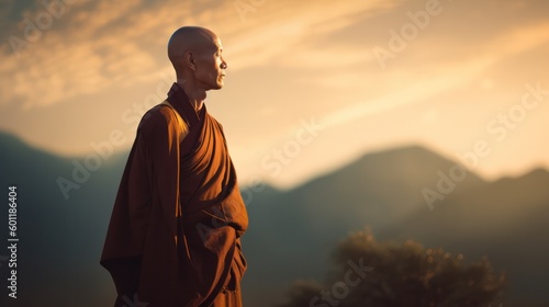 Tibetan monk on the background of the tables look at the sunset . generative AI photo