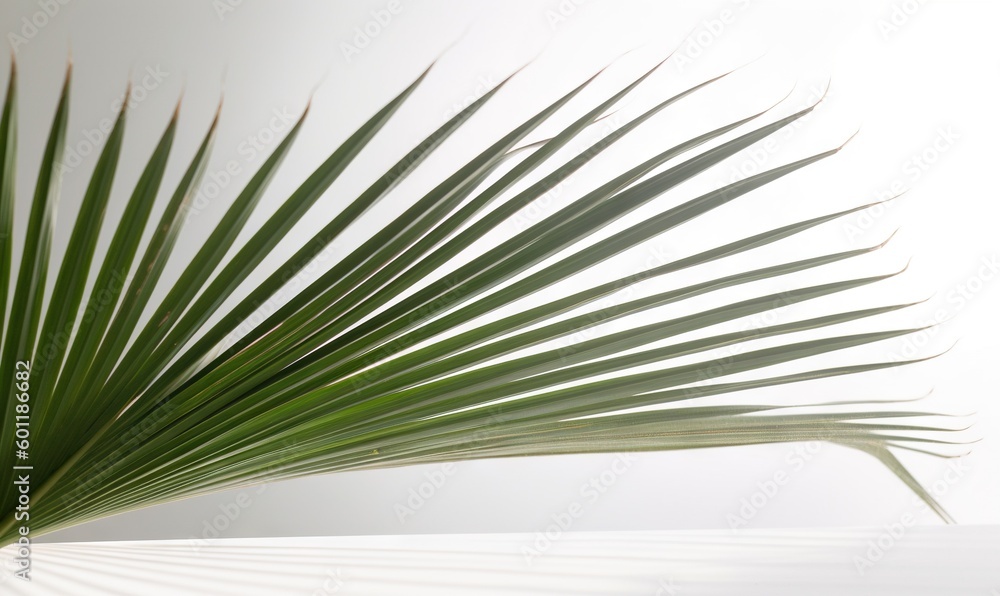 Fototapeta premium a palm leaf on a white table with a white background. generative ai