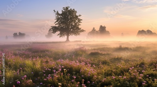 Flower Meadow Foggy Morning. Sun is shining through the fog of a beautiful field of flowers and grass. Sunrise. Generative AI.