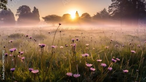Flower Meadow Foggy Morning. Sun is shining through the fog of a beautiful field of flowers and grass. Sunrise. Generative AI.