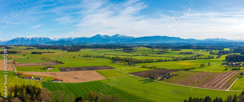 Bavarian landscape near the alps and lake Abtsee in springtime. 