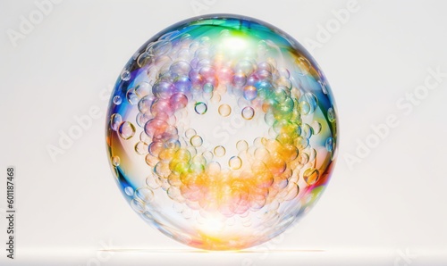 a multicolored glass ball with bubbles on a white background. generative ai