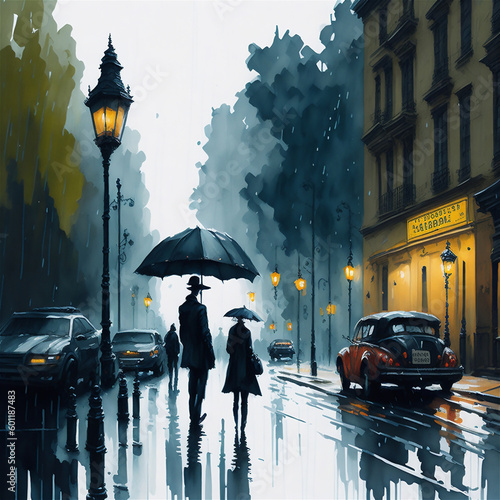 Print op canvas 雨のヨーロッパの町並みと傘をさす人　Generative AI