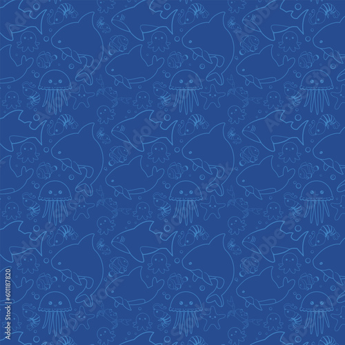Cute cartoon ocean background with sea animals line art whale, fish, shark, octopus. jellyfish, shrimps, crab, killer whales
