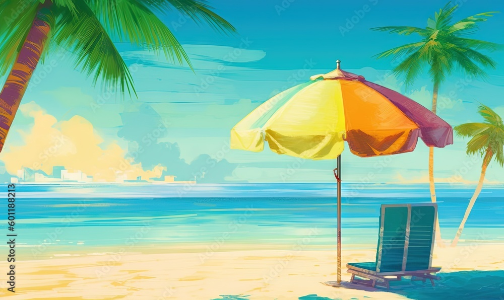  a painting of a beach chair and umbrella on the beach.  generative ai