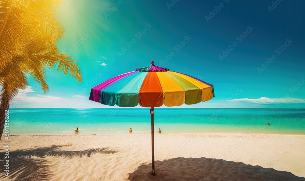  a colorful umbrella on a beach near the ocean and people.  generative ai