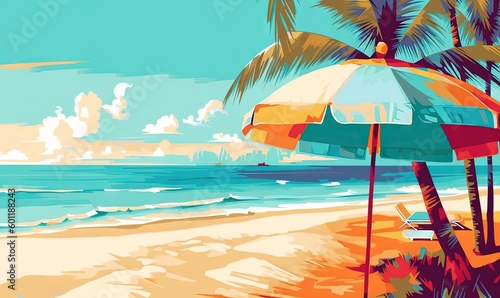  a painting of a beach with palm trees and a beach umbrella.  generative ai