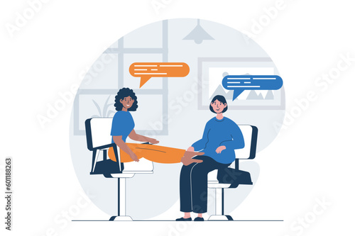 Beauty salon web concept with character scene. Woman gets professional foot massage and masseuse consultation. People situation in flat design. Vector illustration for social media marketing material.