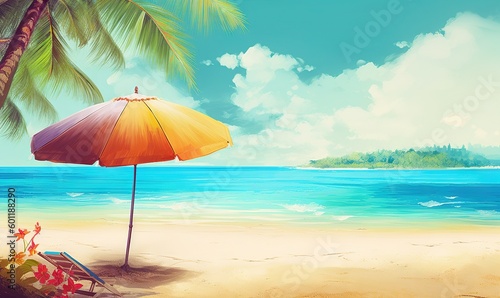  a painting of a beach with an umbrella and a chair. generative ai