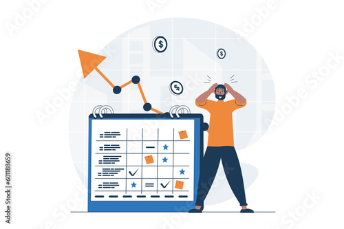 Business planning web concept with character scene. Man creates meetings in calendar and rushes to deadlines. People situation in flat design. Vector illustration for social media marketing material.
