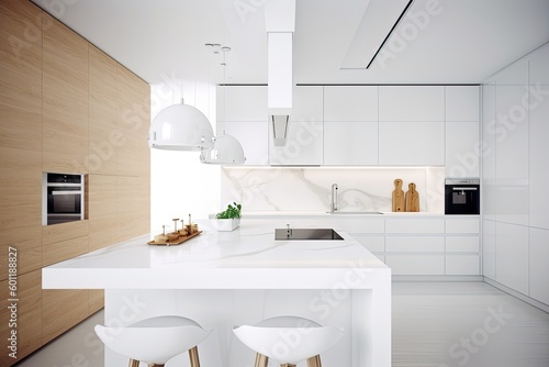 modern white kitchen with minimalist design and two bar stools Generative AI